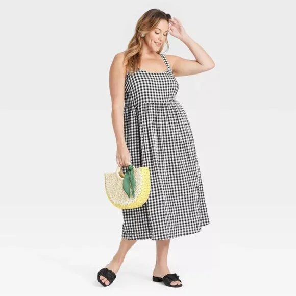 AVA & VIV Black and White Gingham Checkered Midi Empire Waist Sun Dress NWT 1X - Picture 3 of 3